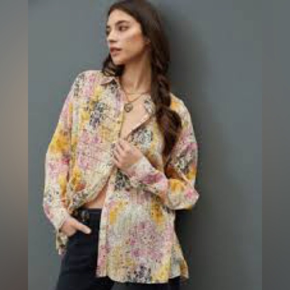 Pilcro pink & yellow oversized smocked button down top size xs